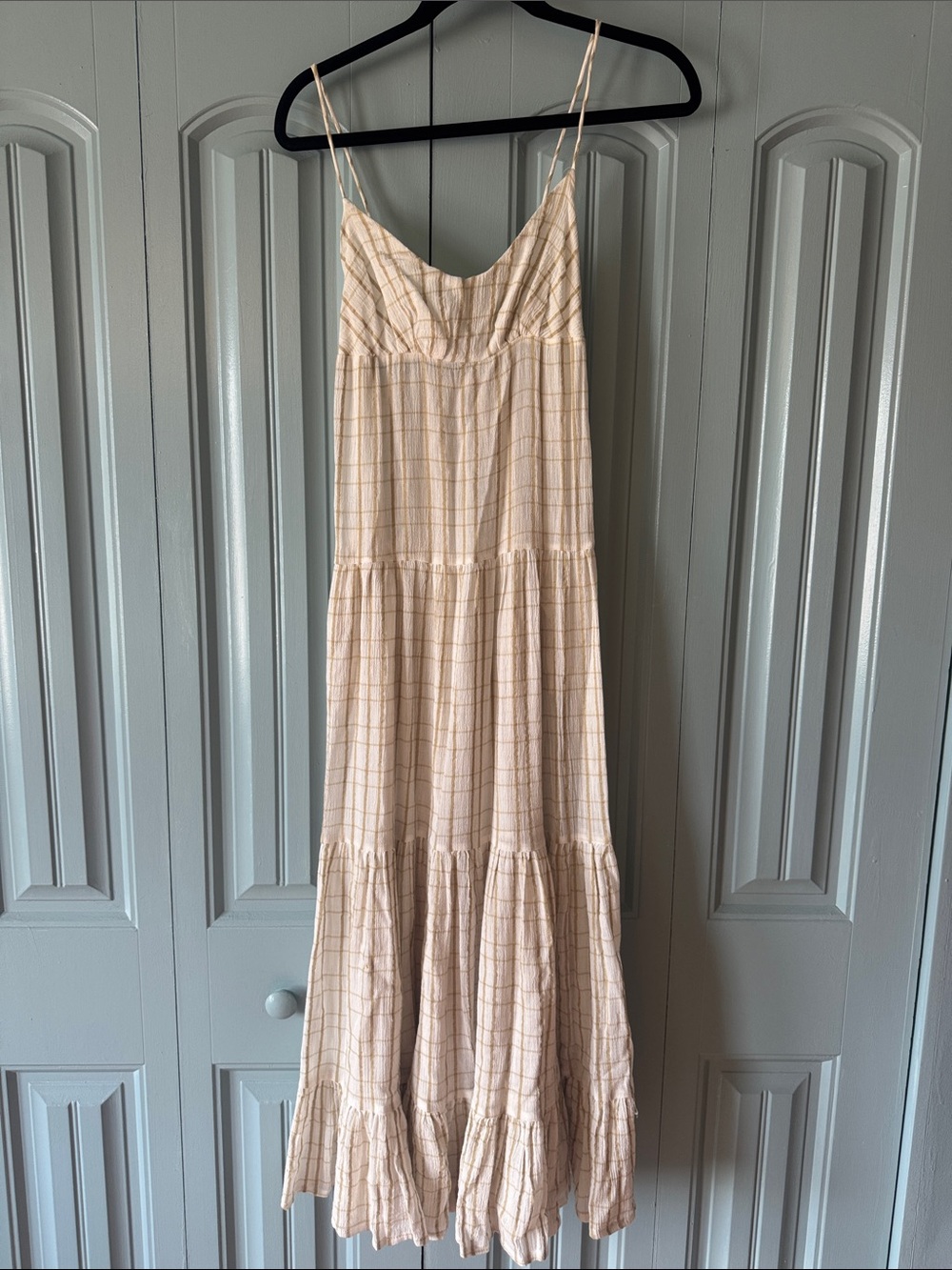 Free People Cream Plaid Tiered Maxi Slip Dress